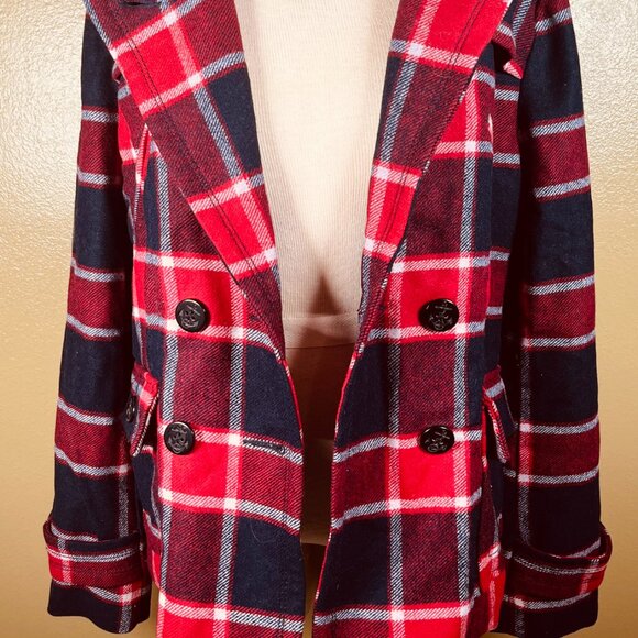 American Eagle Plaid Jacket Red Blue White Button Front Wool Coat Womens Size L - Picture 2 of 14